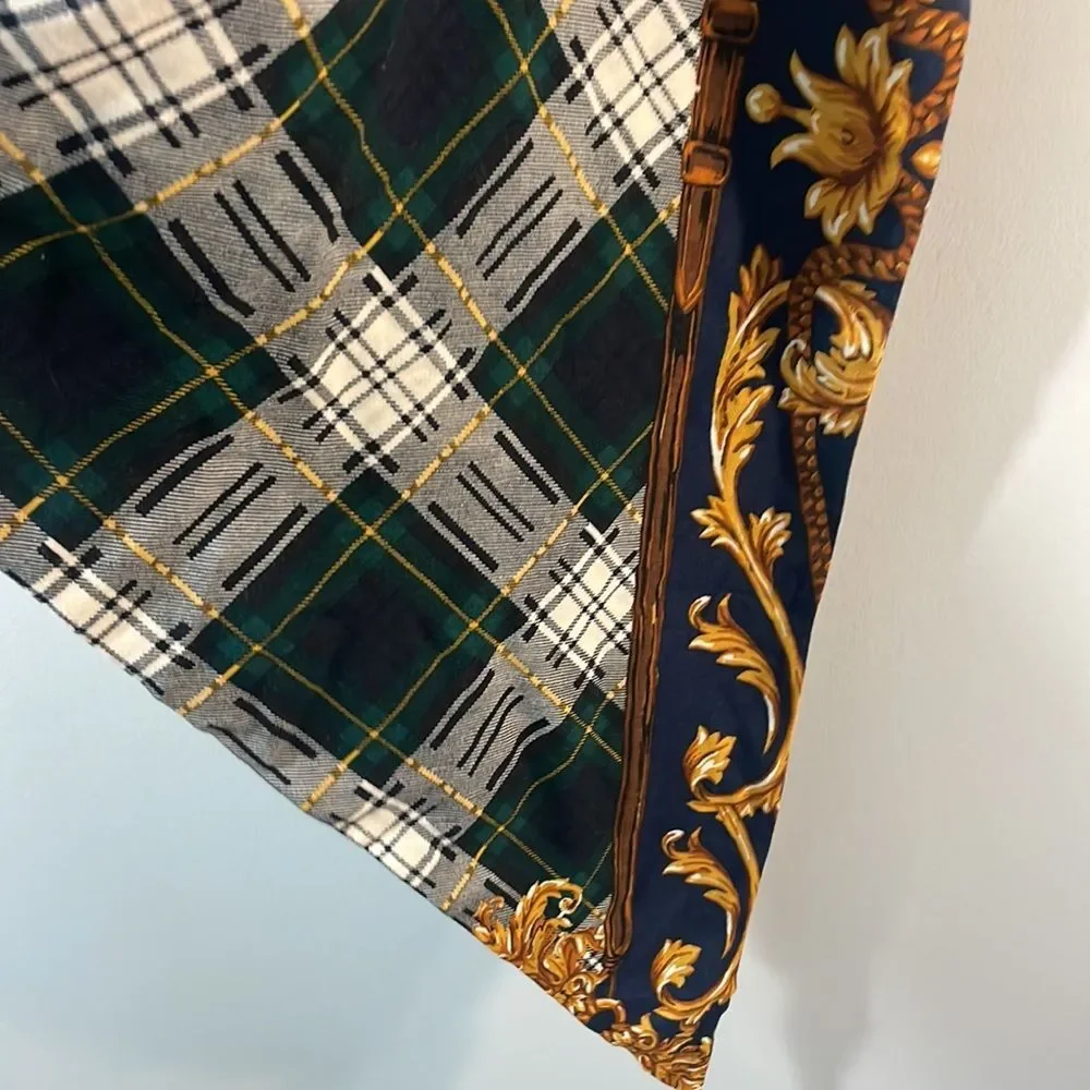 Equestrian inspired scarf (triangle 55” l x 24”to point) navy, greens gold Plaid